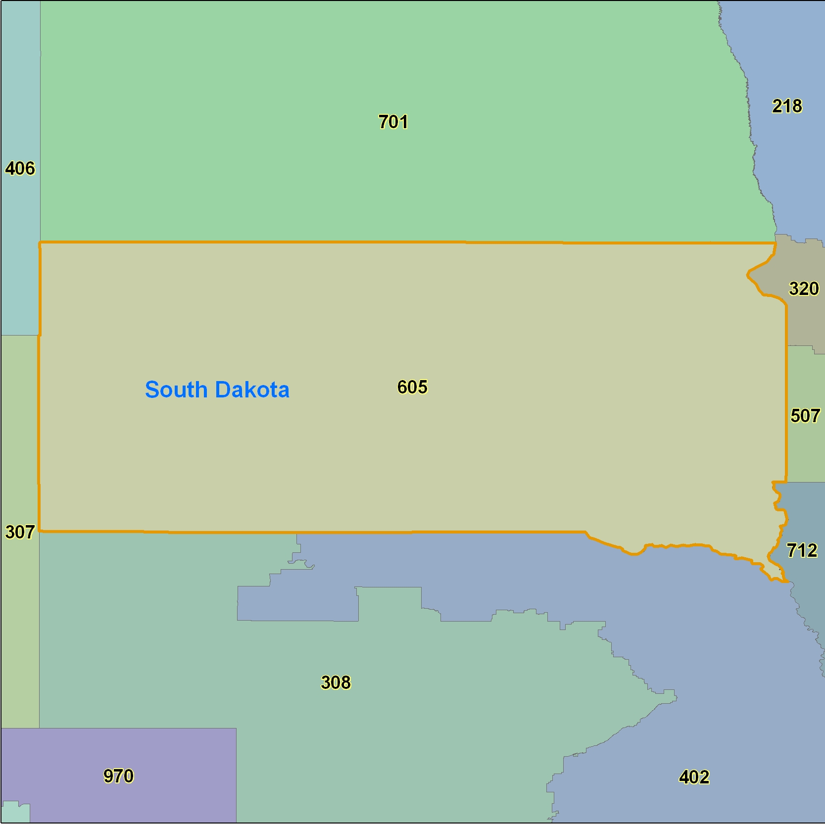 South Dakota (SD) Area Code Map